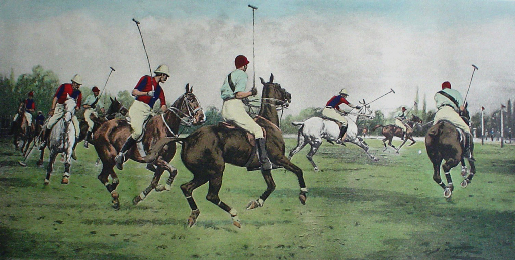 "Polo-Getting Away With the Ball" by George Wright, etching restrike, hand-coloured - Kerrisdale Galleries
