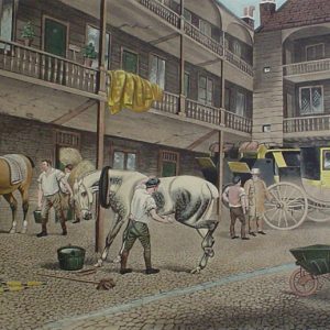 "The Old Inn Yard" by T.N.H. Walsh, etching restrike, hand-coloured - Kerrisdale Galleries