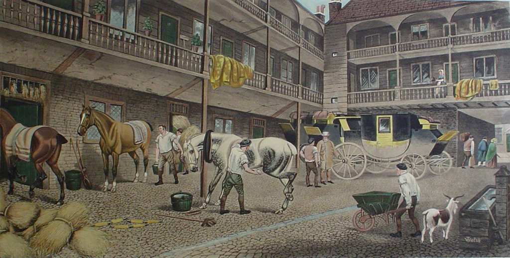 "The Old Inn Yard" by T.N.H. Walsh, etching restrike, hand-coloured - Kerrisdale Galleries